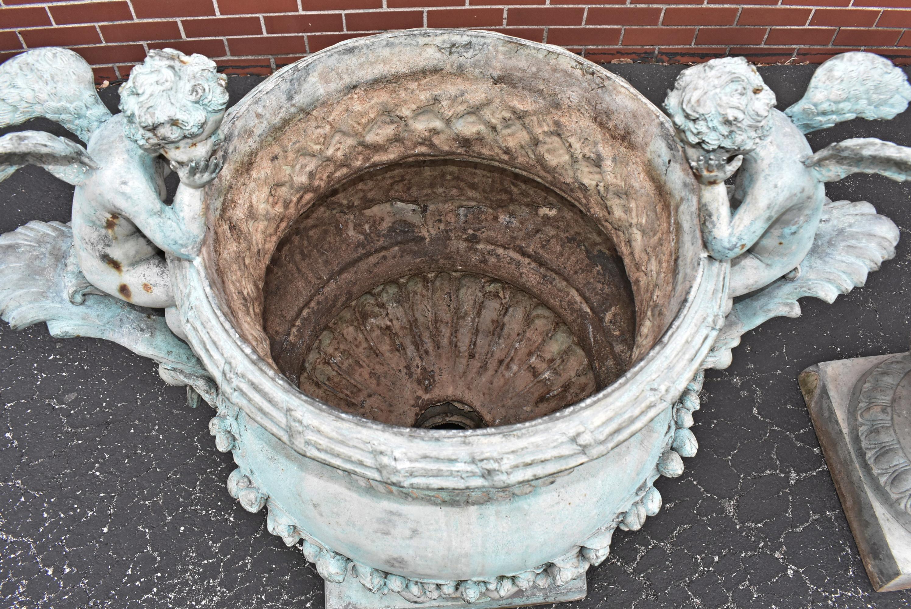 Pair of Bronze Outdoor Urns with Winged Cherubs 3