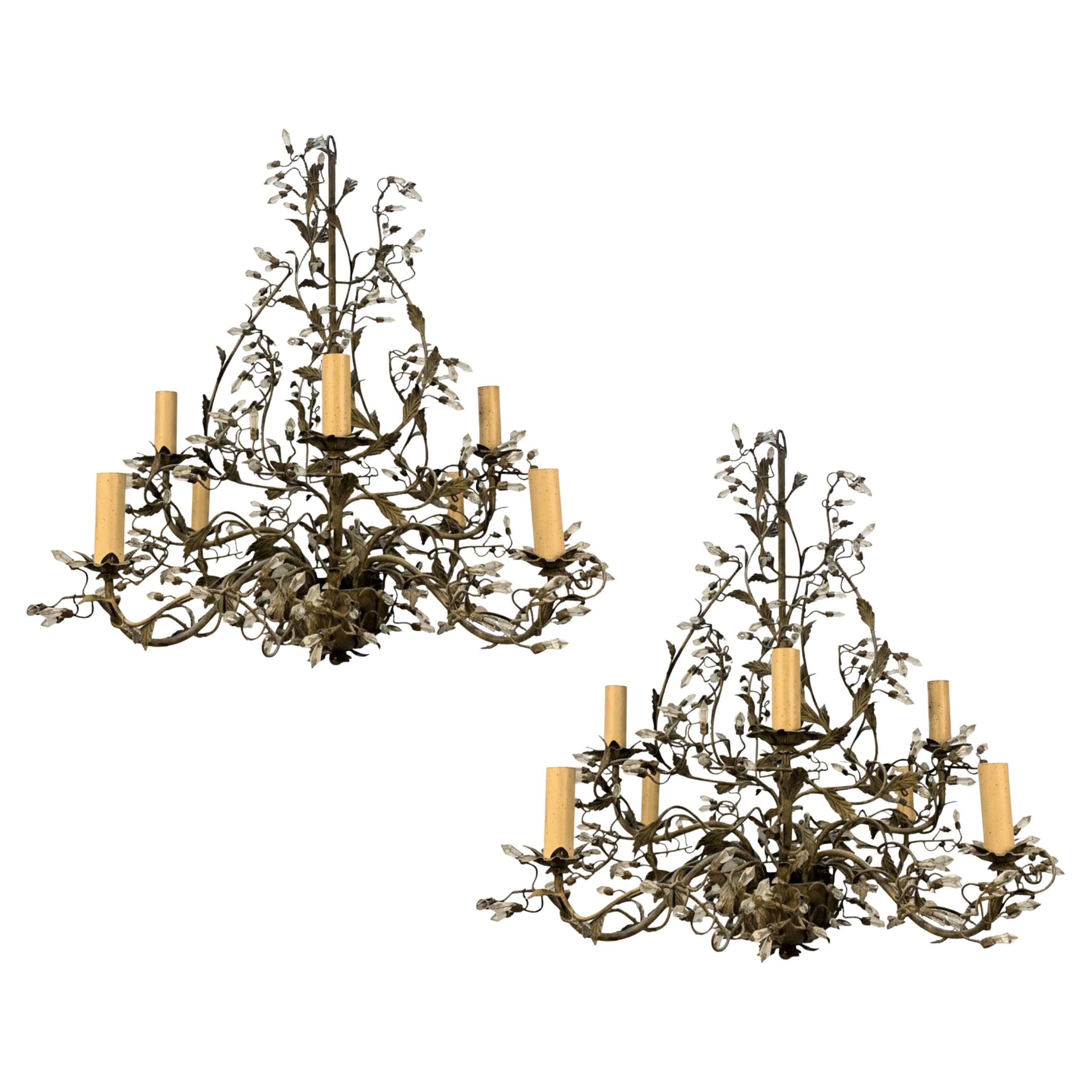 Pair Of Bronze Painted Naturalistic Leaf Chandeliers For Sale