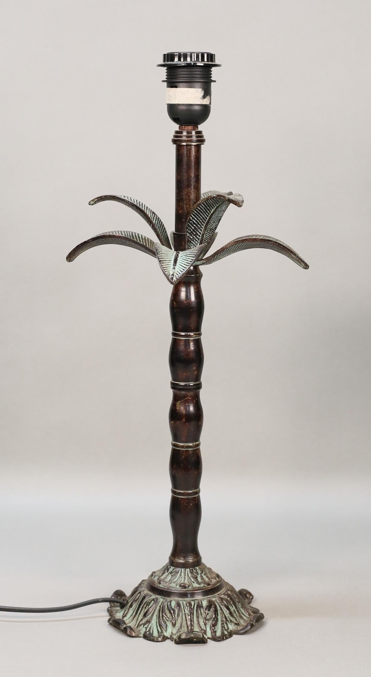 Hollywood Regency Pair of Bronze Palm Tree Stylized Accent Lamps with aged Verdigris details