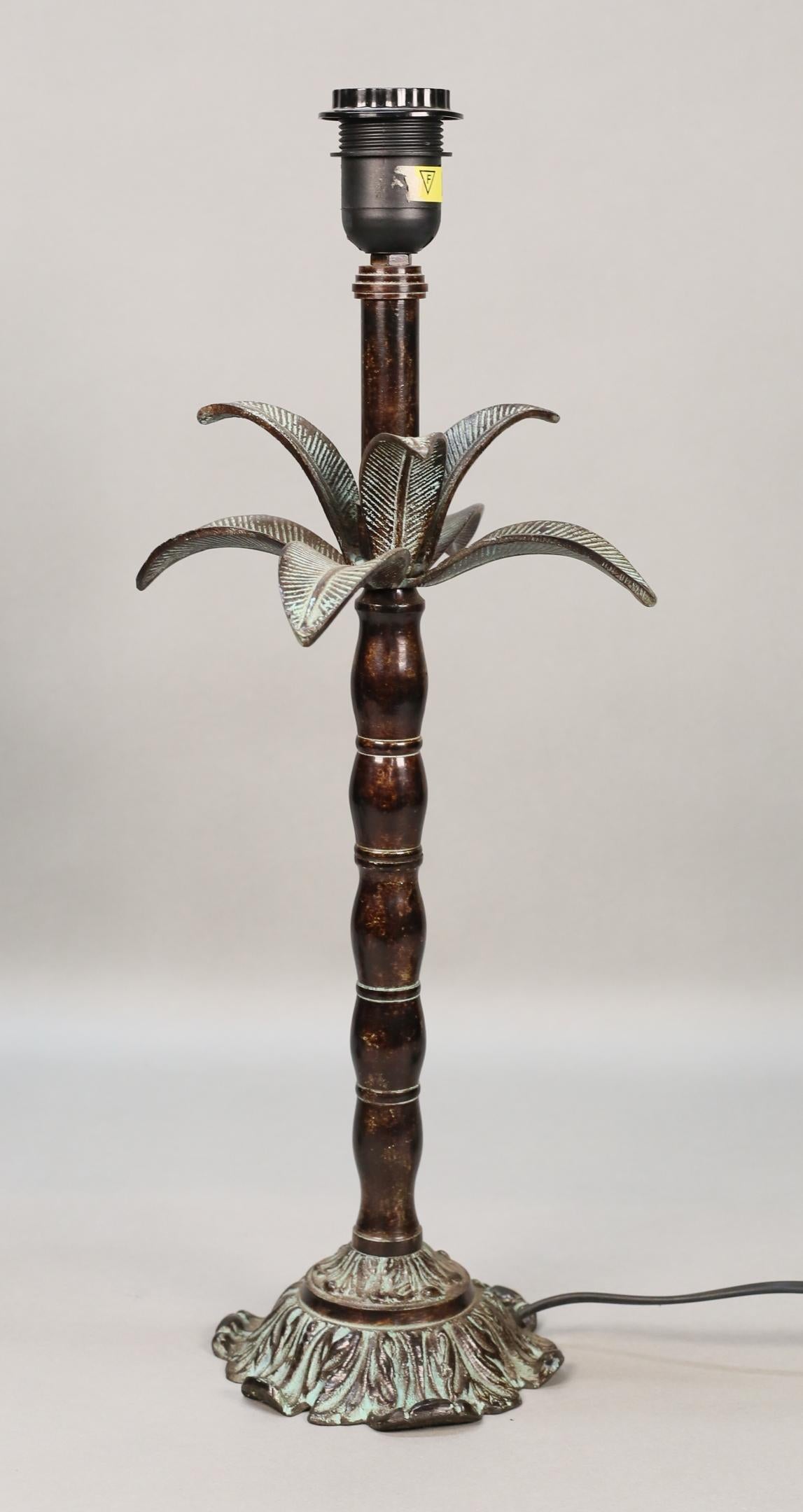 French Pair of Bronze Palm Tree Stylized Accent Lamps with aged Verdigris details