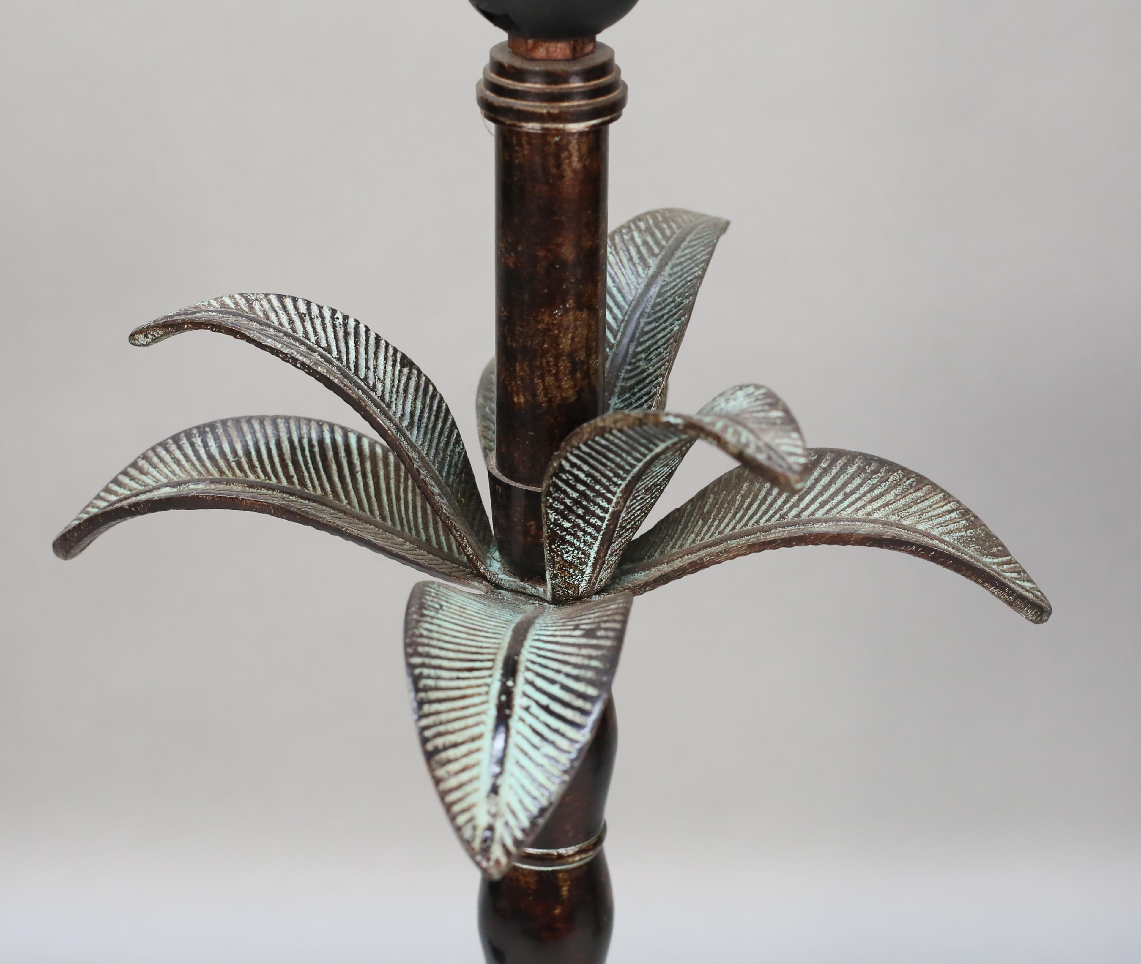 Cast Pair of Bronze Palm Tree Stylized Accent Lamps with aged Verdigris details