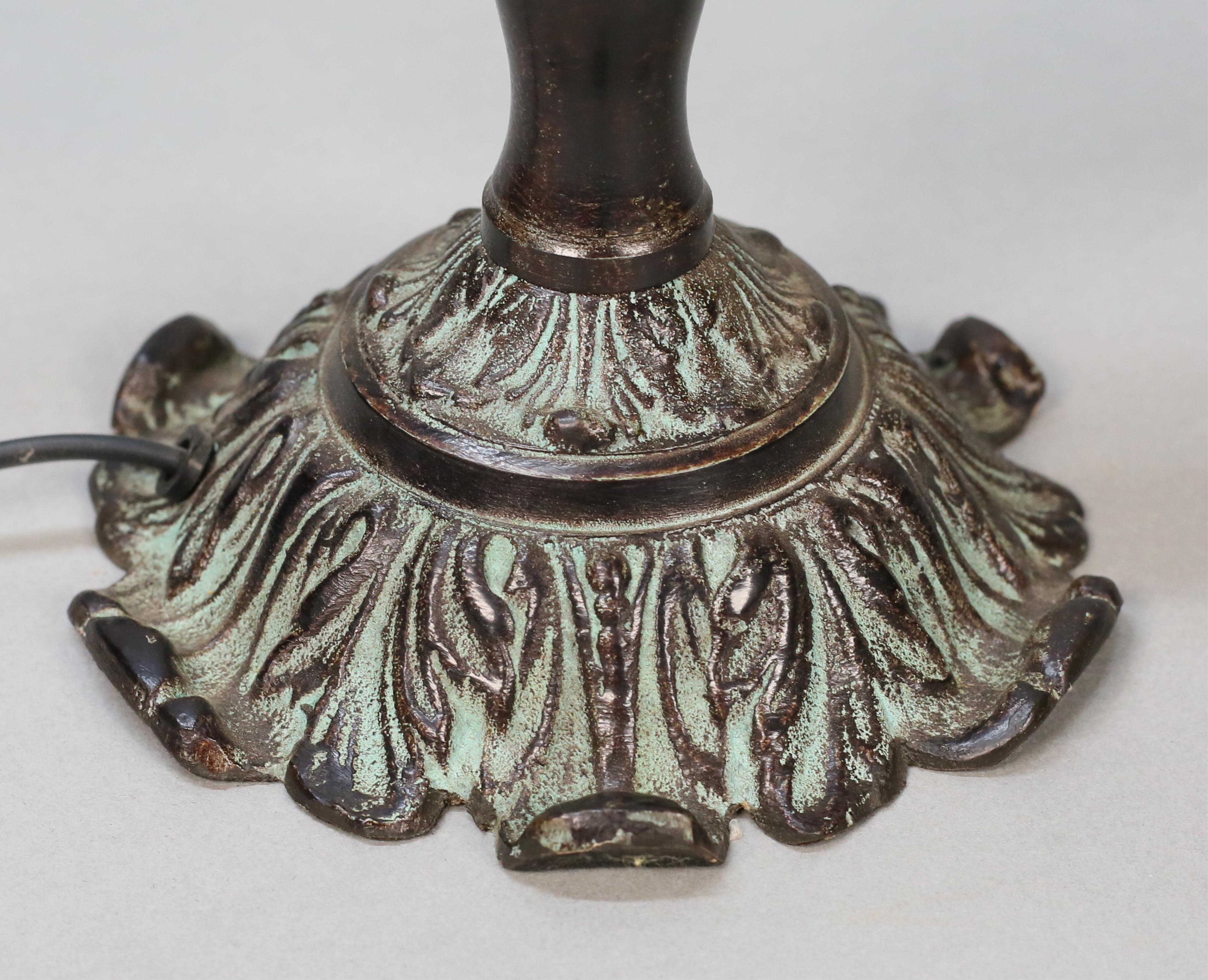 Pair of Bronze Palm Tree Stylized Accent Lamps with aged Verdigris details In Good Condition In Leesburg, VA