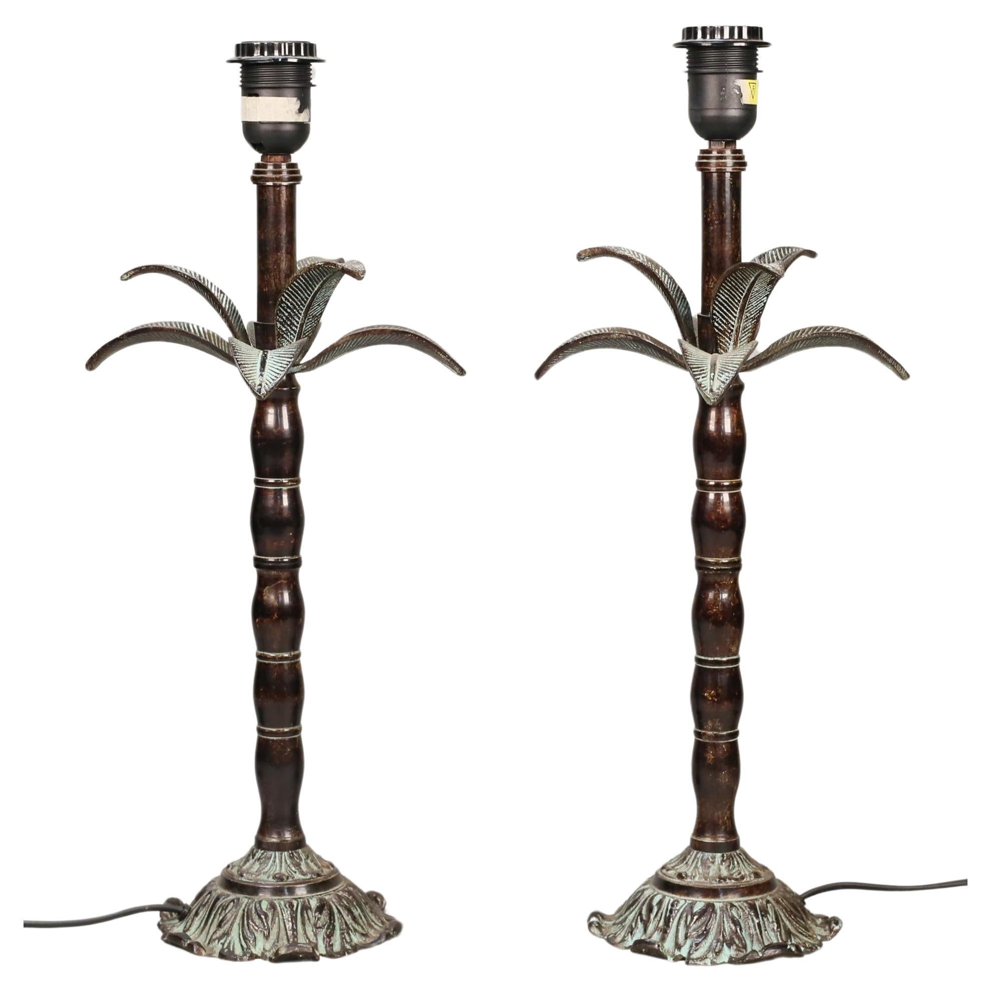Pair of Bronze Palm Tree Stylized Accent Lamps with aged Verdigris details