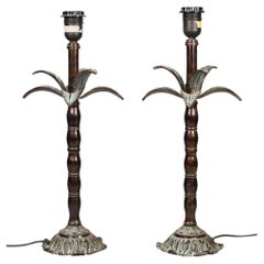 Pair of Bronze Palm Tree Stylized Accent Lamps with aged Verdigris details