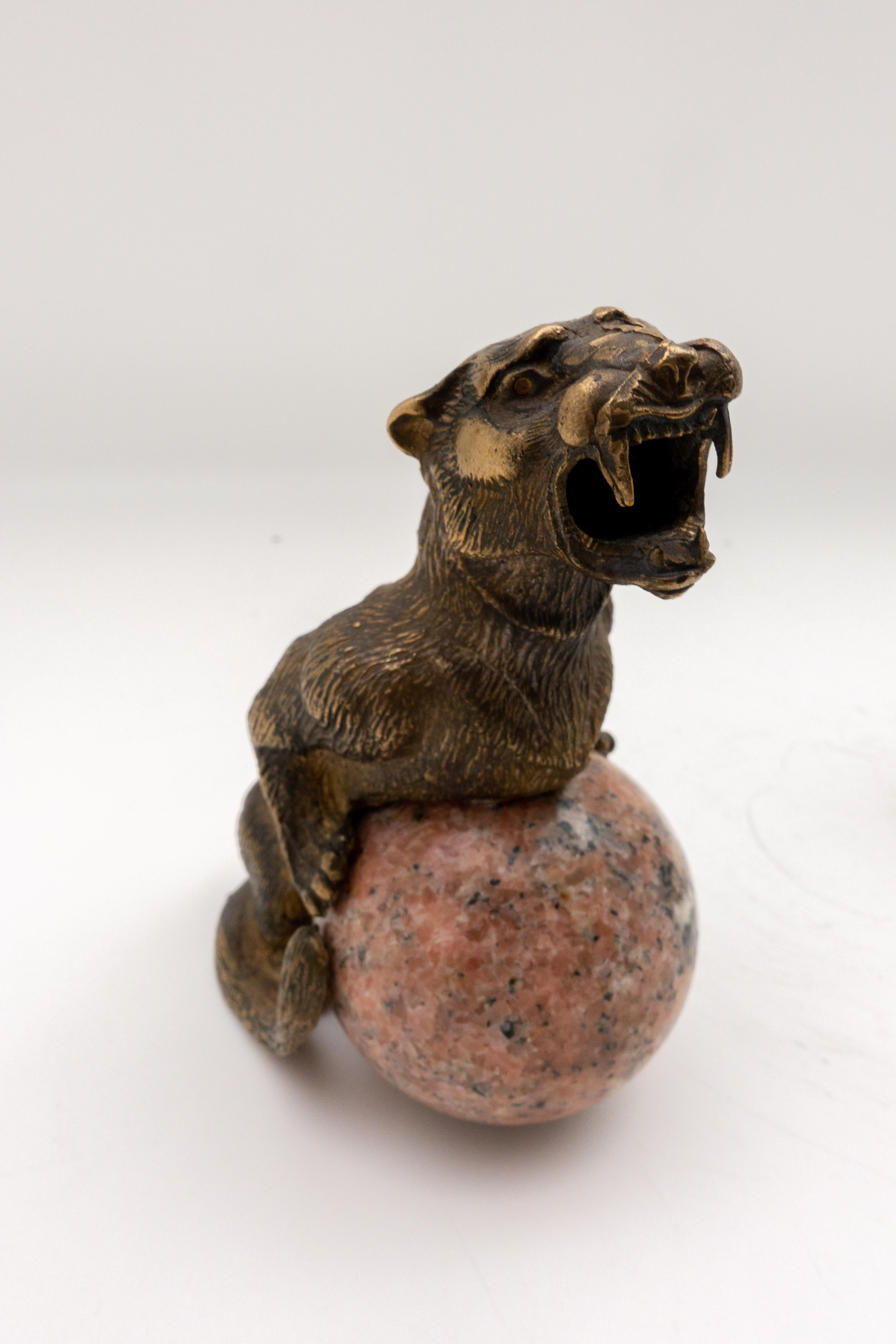 Napoleon III Pair of Bronze Panthers with Mounted on Marble Spheres, French, 19th Century