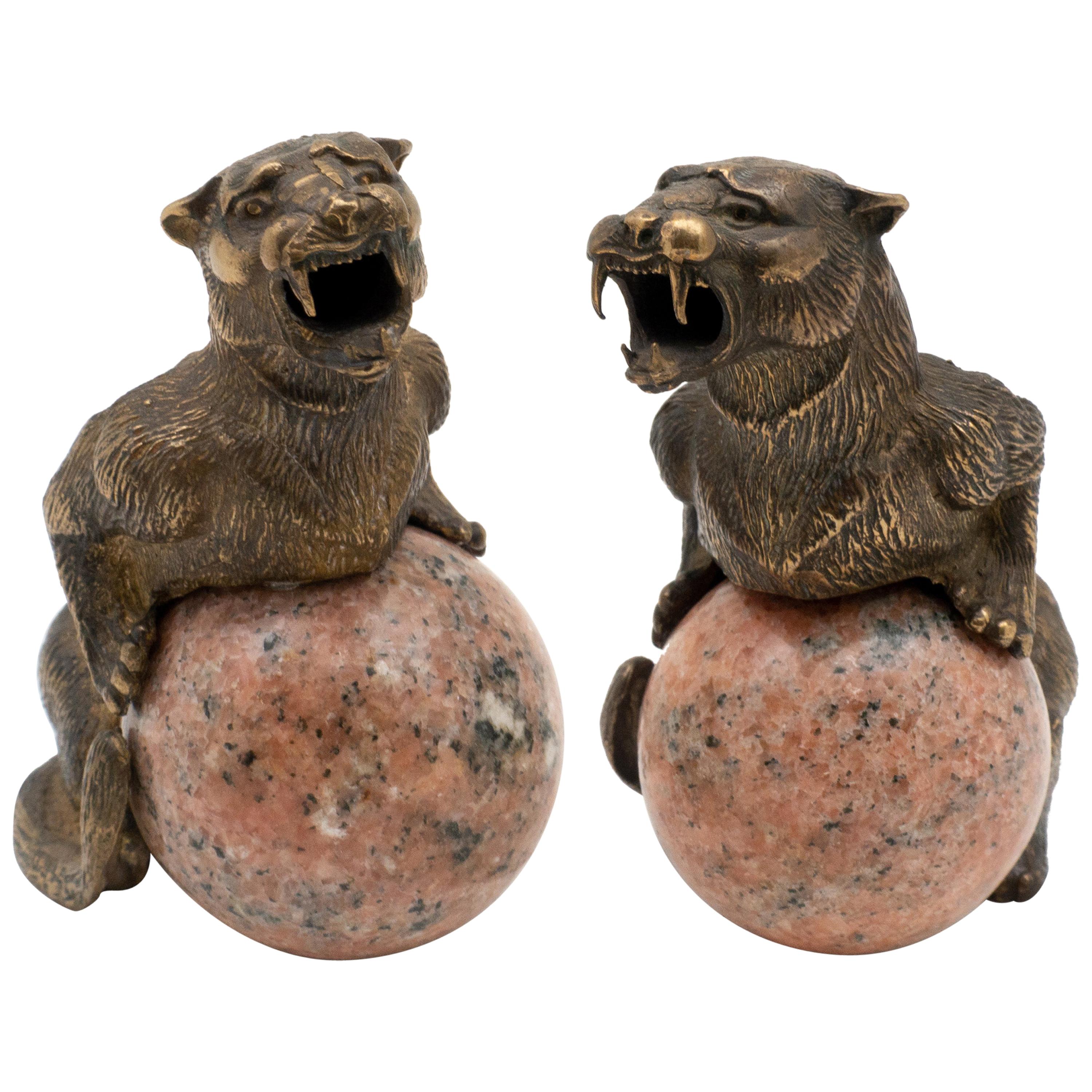 Pair of Bronze Panthers with Mounted on Marble Spheres, French, 19th Century