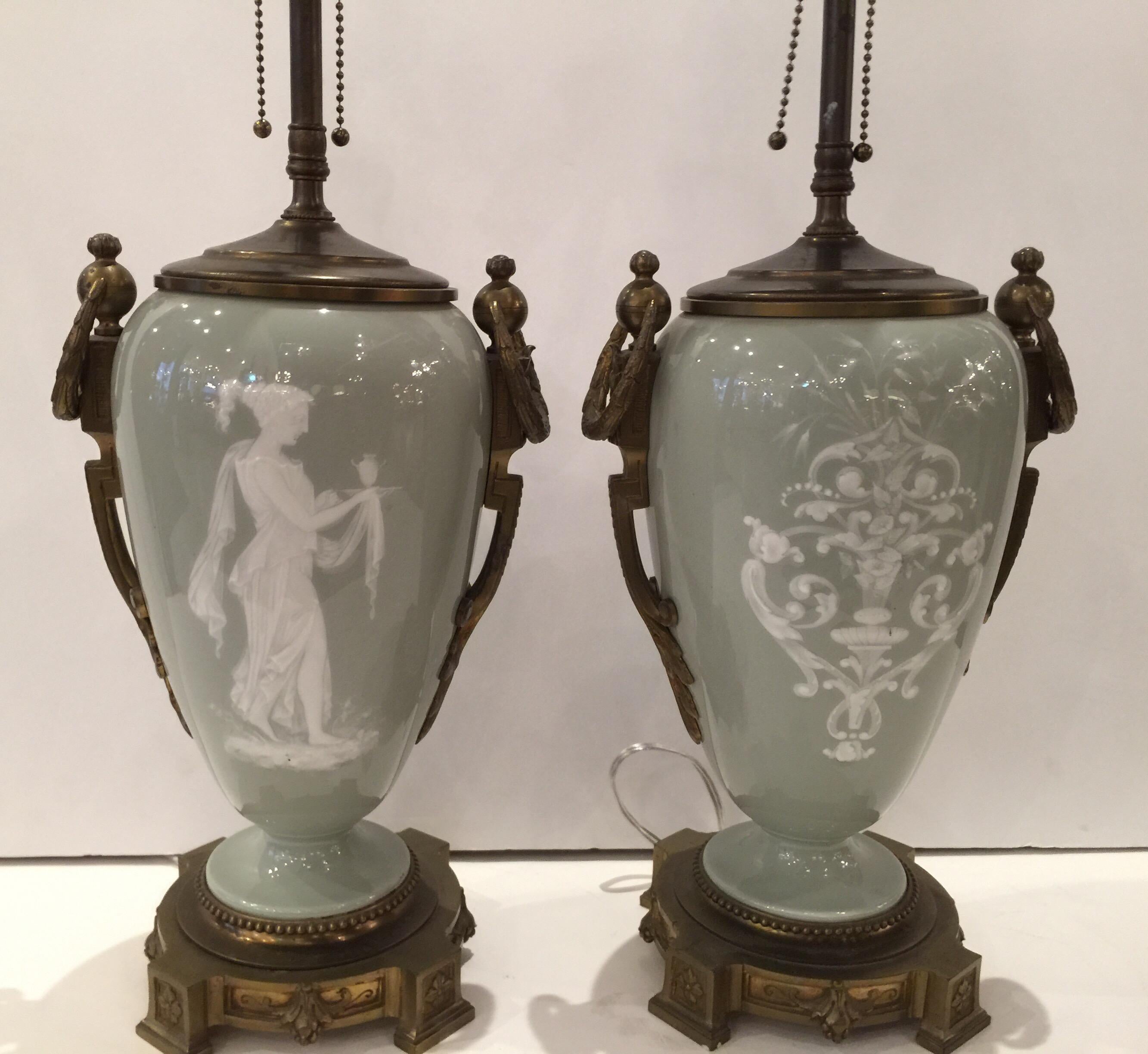Porcelain Pair of Bronze Pate Sur Pate Lamps with Grecian Goddess on Front, Floral on Back
