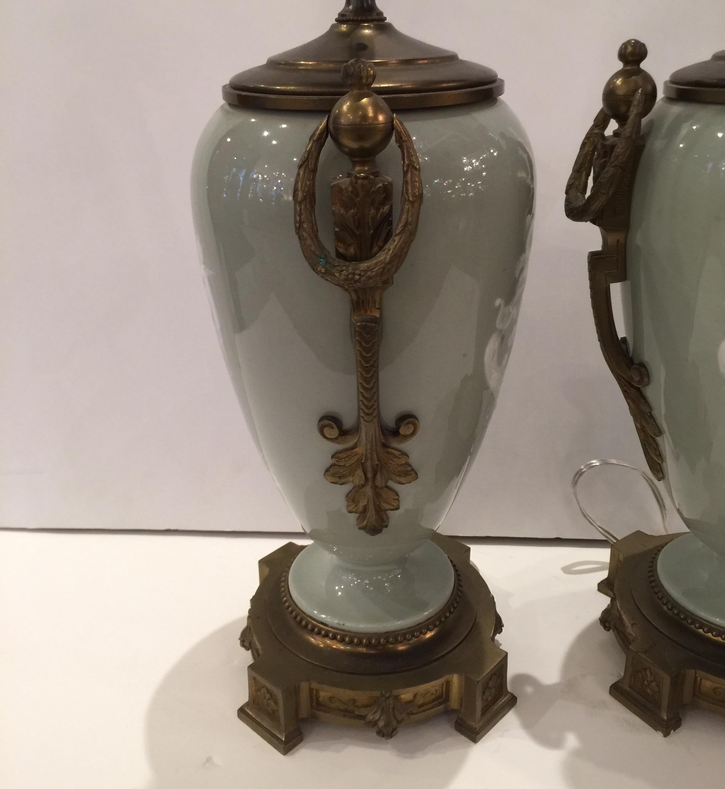 Pair of Bronze Pate Sur Pate Lamps with Grecian Goddess on Front, Floral on Back 4