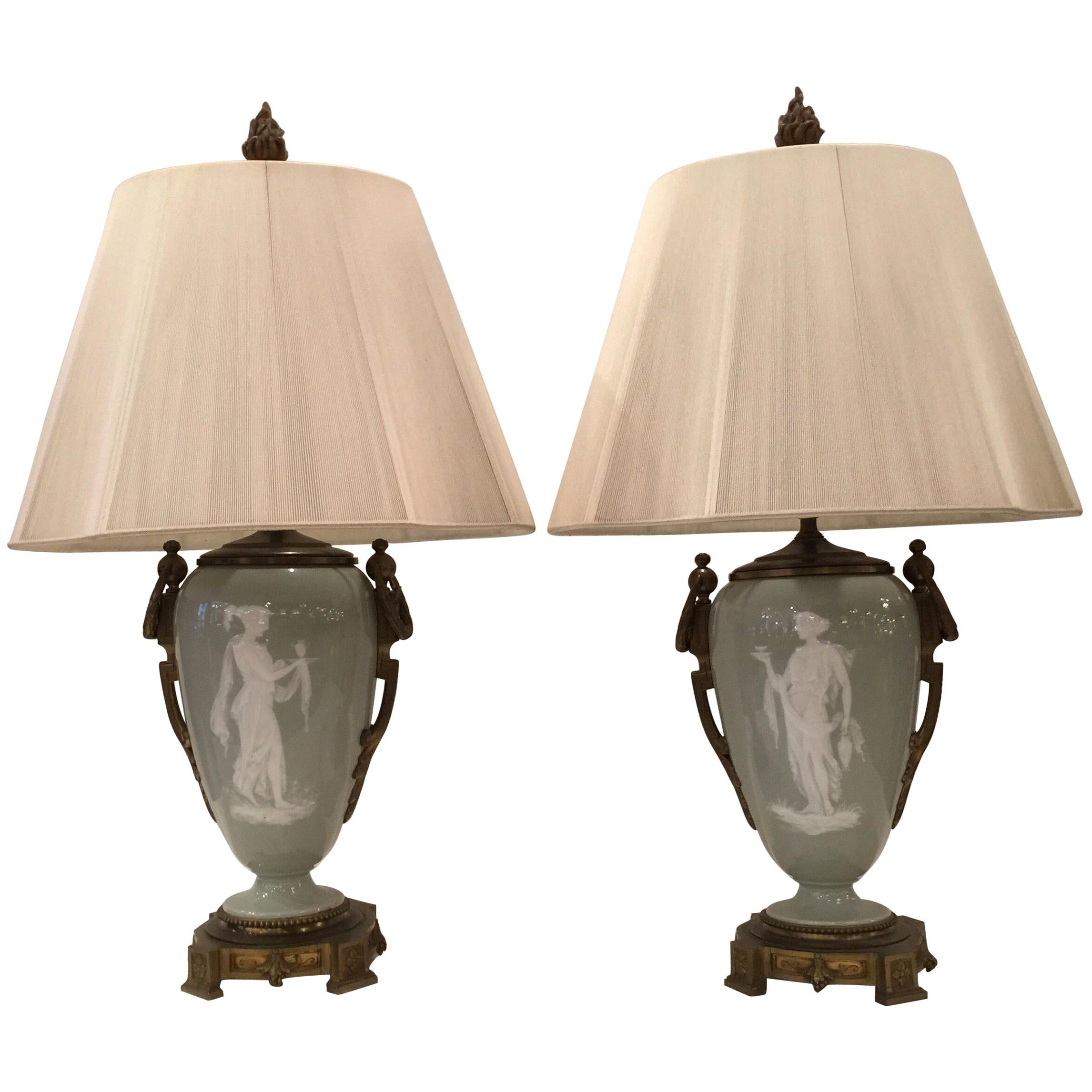 Pair of Bronze Pate Sur Pate Lamps with Grecian Goddess on Front, Floral on Back