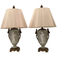 Pair of Bronze Pate Sur Pate Lamps with Grecian Goddess on Front, Floral on Back