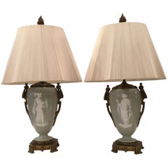 Used Pair of Bronze Pate Sur Pate Lamps with Grecian Goddess on Front, Floral on Back