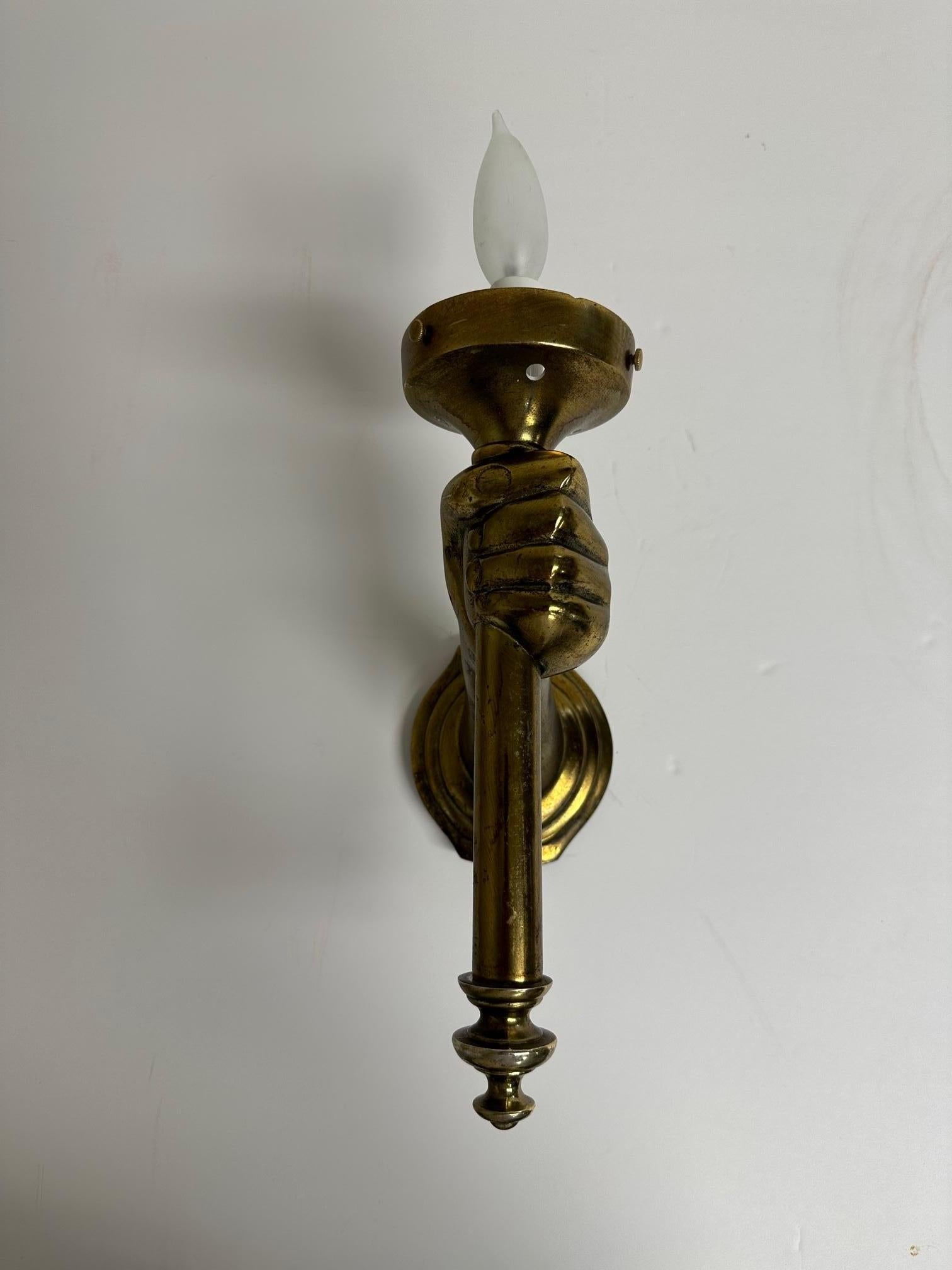 Pair of Bronze Patina Cast Metal & Blown Glass Sconces with Hands and Torches 3