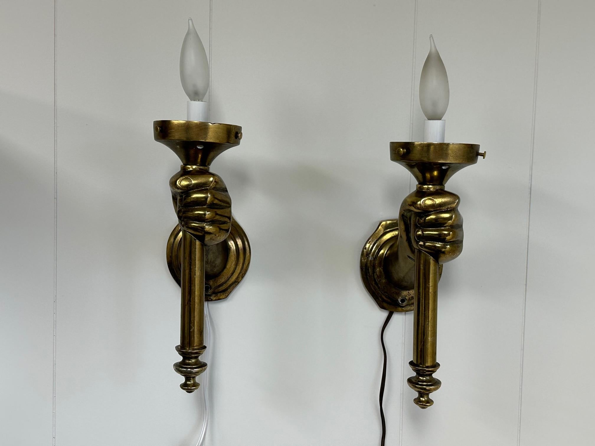 Pair of Bronze Patina Cast Metal & Blown Glass Sconces with Hands and Torches 5