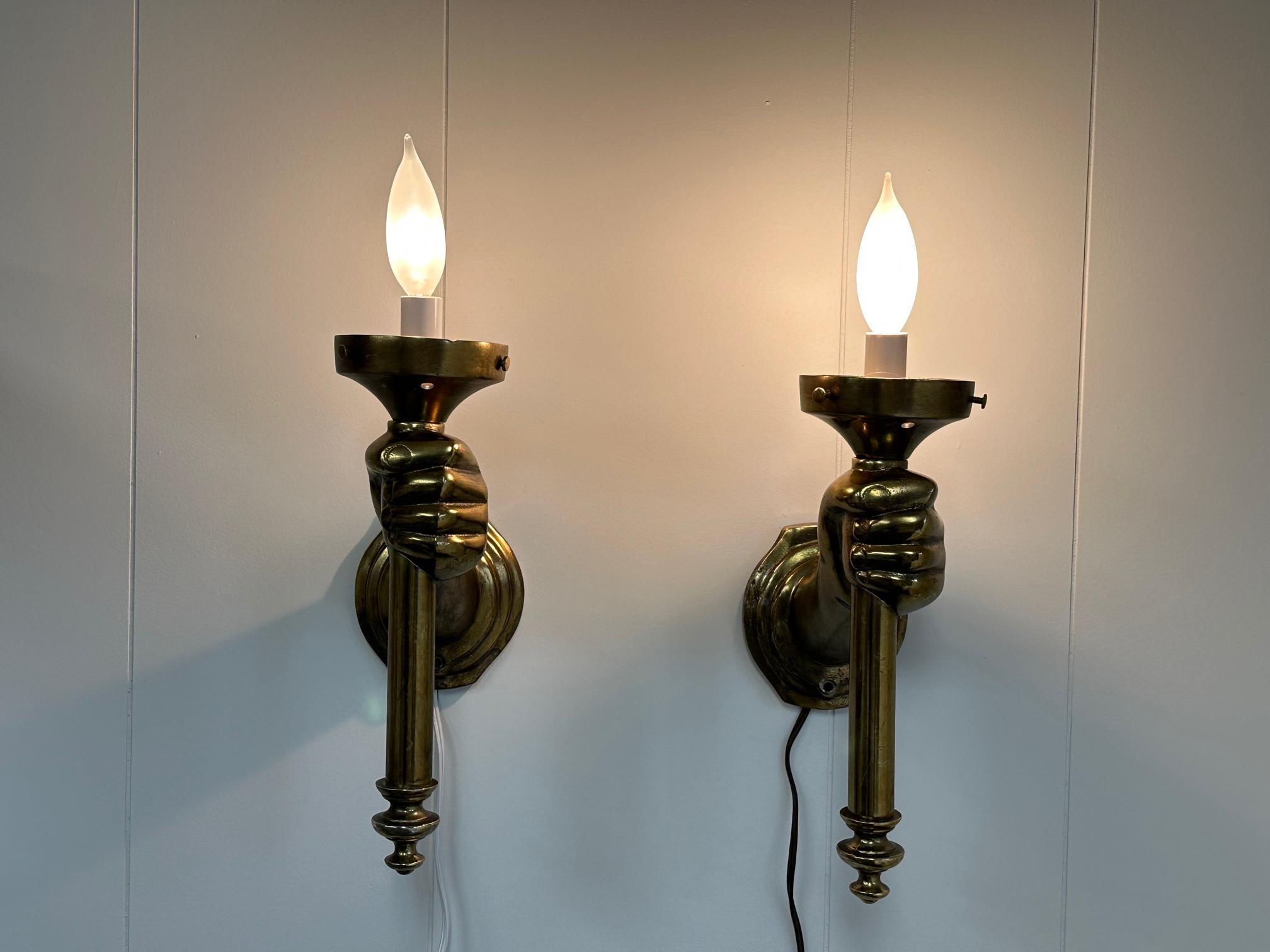 Hollywood Regency Pair of Bronze Patina Cast Metal & Blown Glass Sconces with Hands and Torches