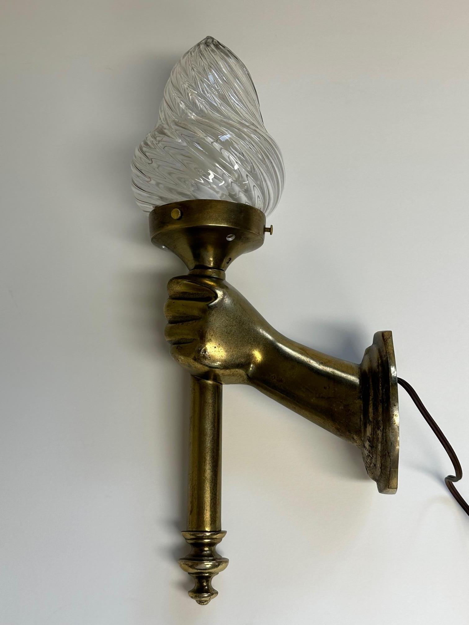 American Pair of Bronze Patina Cast Metal & Blown Glass Sconces with Hands and Torches