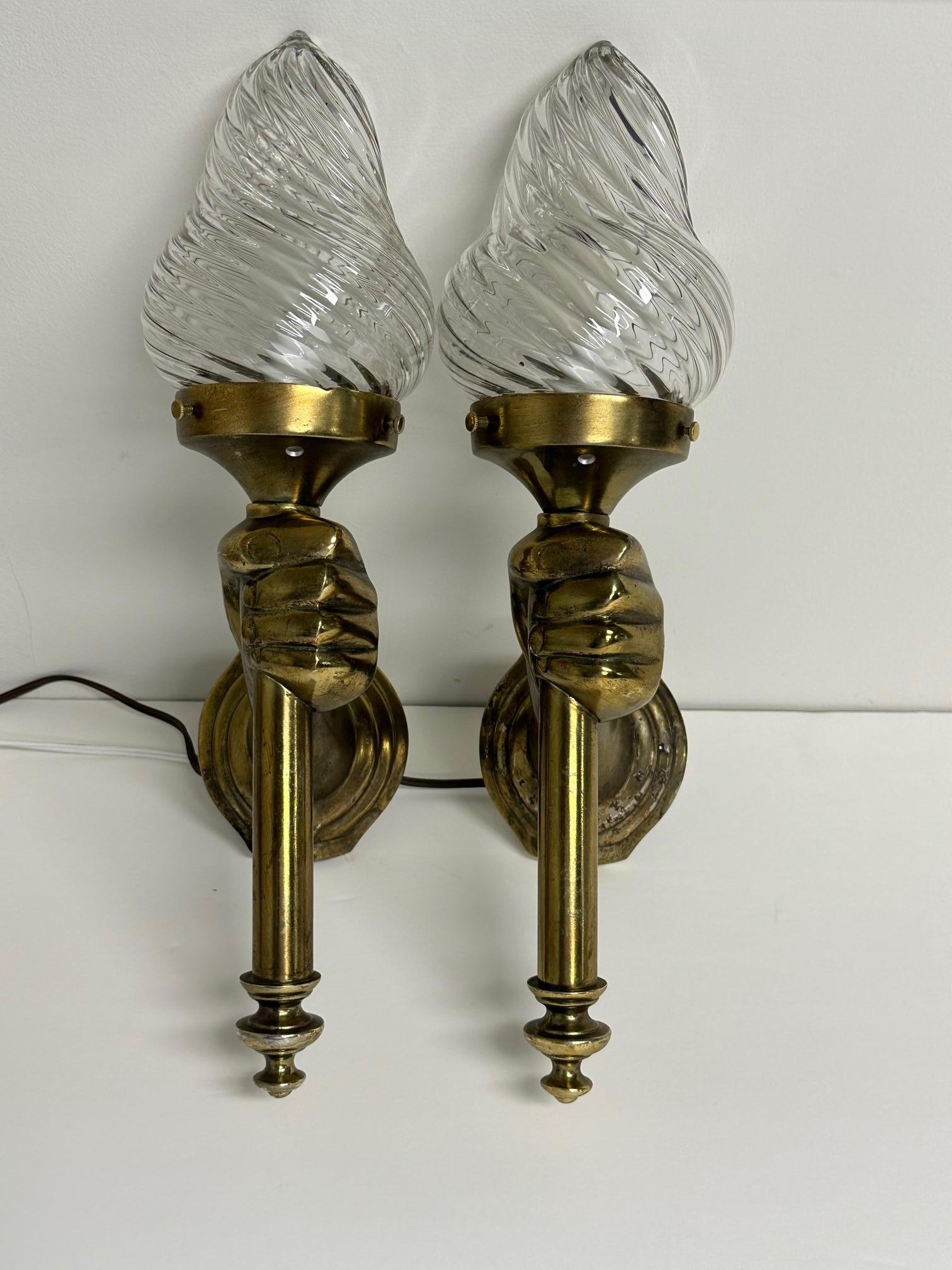 Mid-20th Century Pair of Bronze Patina Cast Metal & Blown Glass Sconces with Hands and Torches