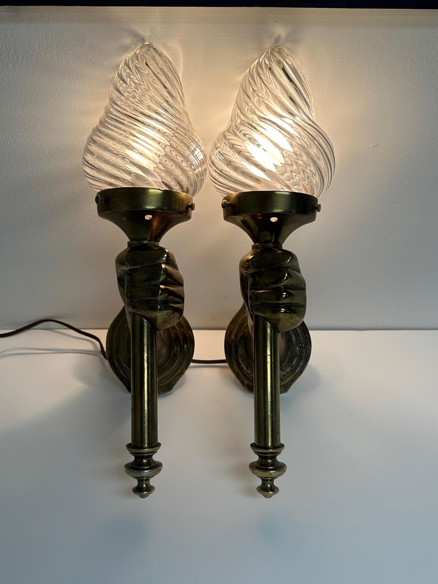 Brass Pair of Bronze Patina Cast Metal & Blown Glass Sconces with Hands and Torches