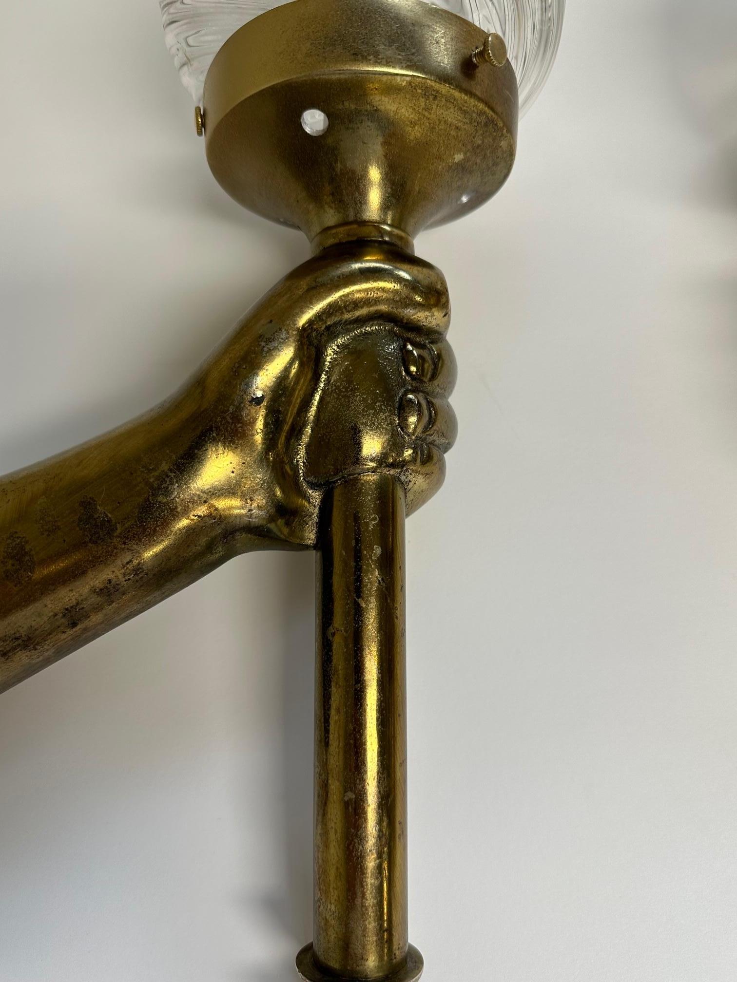 Pair of Bronze Patina Cast Metal & Blown Glass Sconces with Hands and Torches 1
