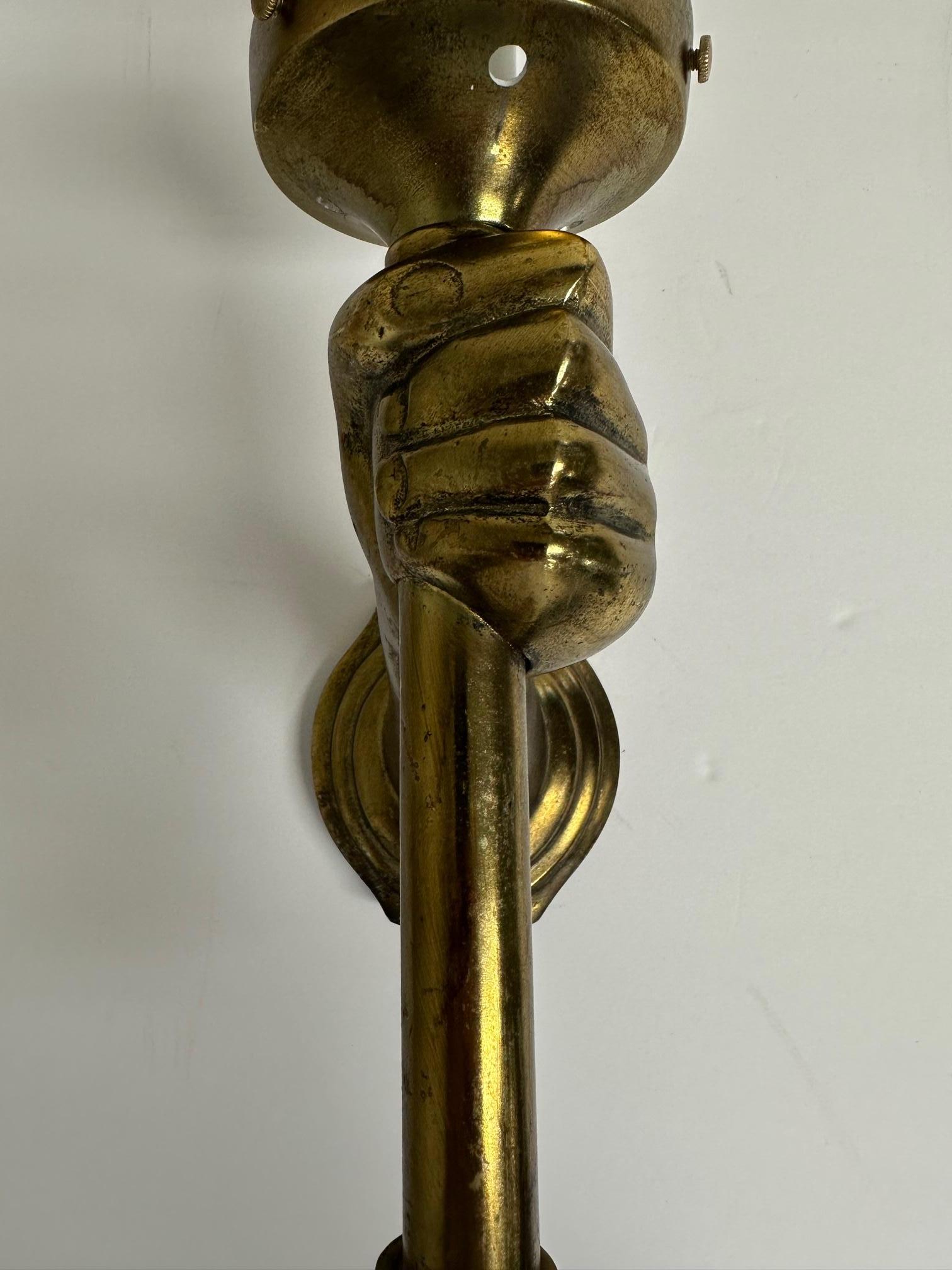 Pair of Bronze Patina Cast Metal & Blown Glass Sconces with Hands and Torches 2