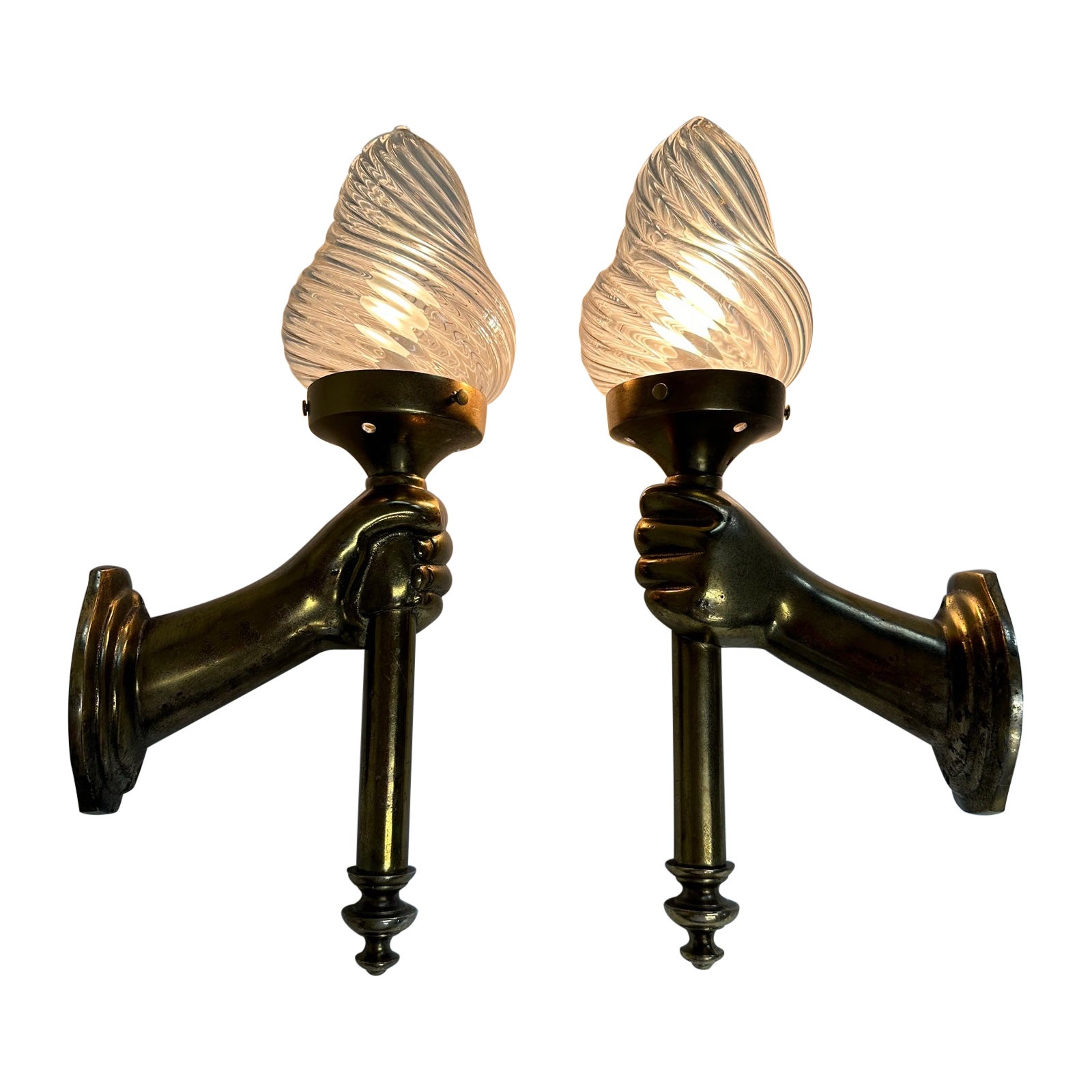 Pair of Bronze Patina Cast Metal & Blown Glass Sconces with Hands and Torches