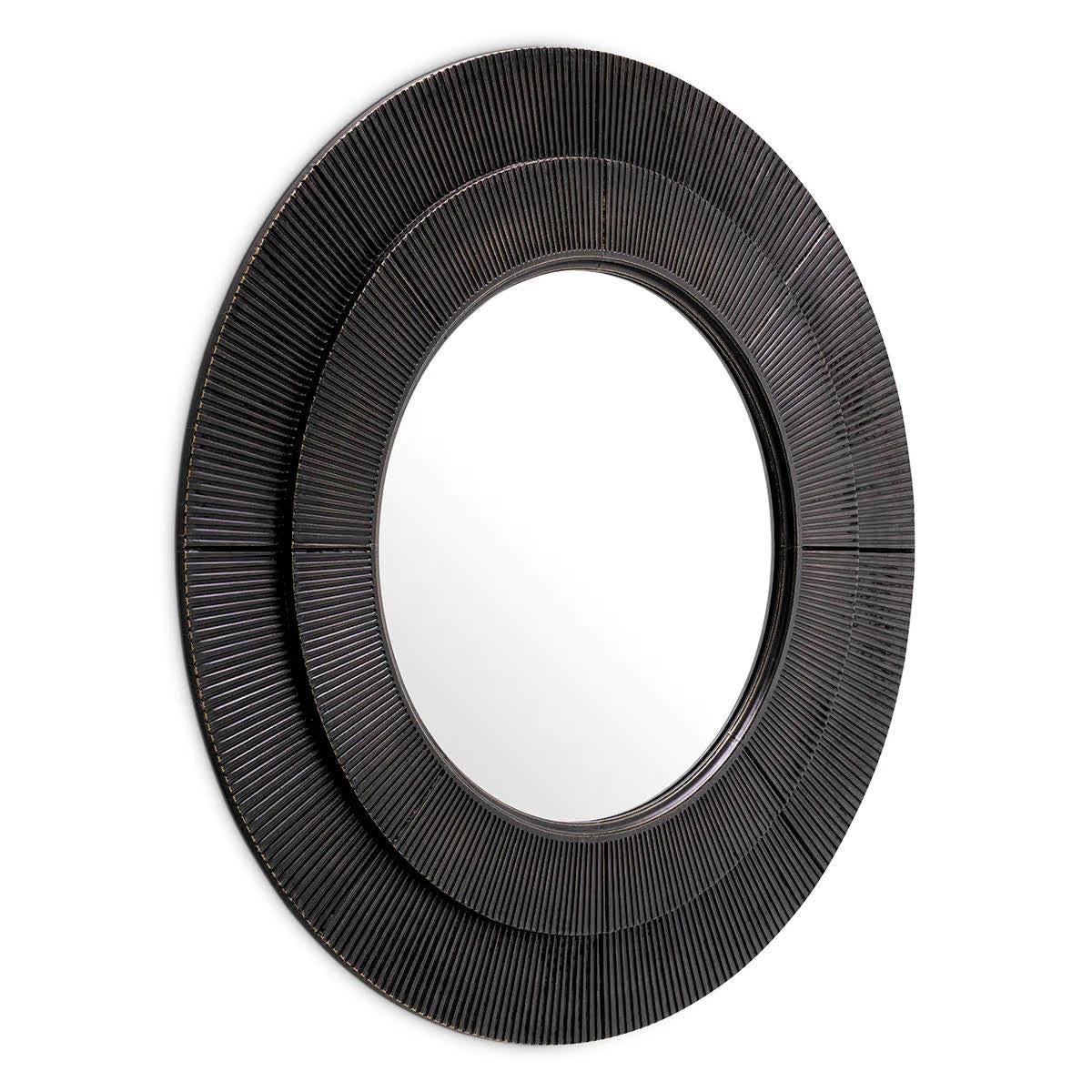 Pair of bronze patinated brass mirrors.

Discover this mirror, a striking reflection of elegance and style.
This bronze patinated brass wall mirror, with its circular shape and textured frame, the eye-catching details of this mirror add a touch of