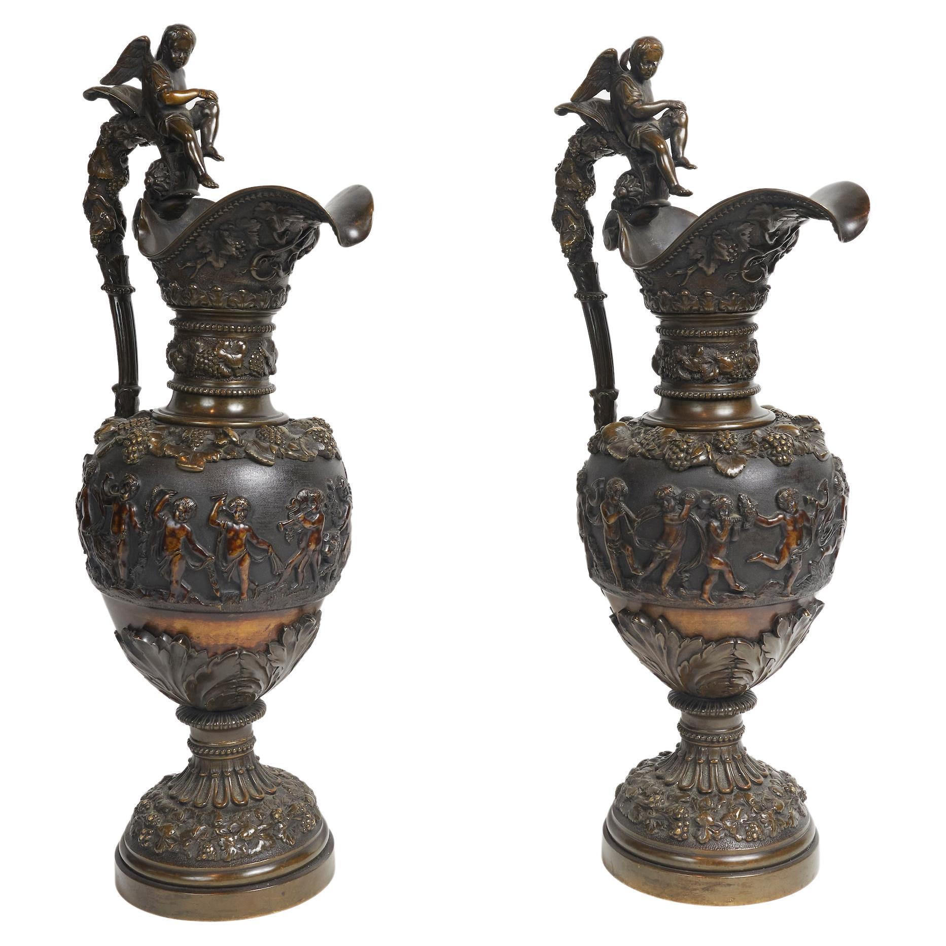 Pair of Bronze Patinated French Renaissance Style Ewers