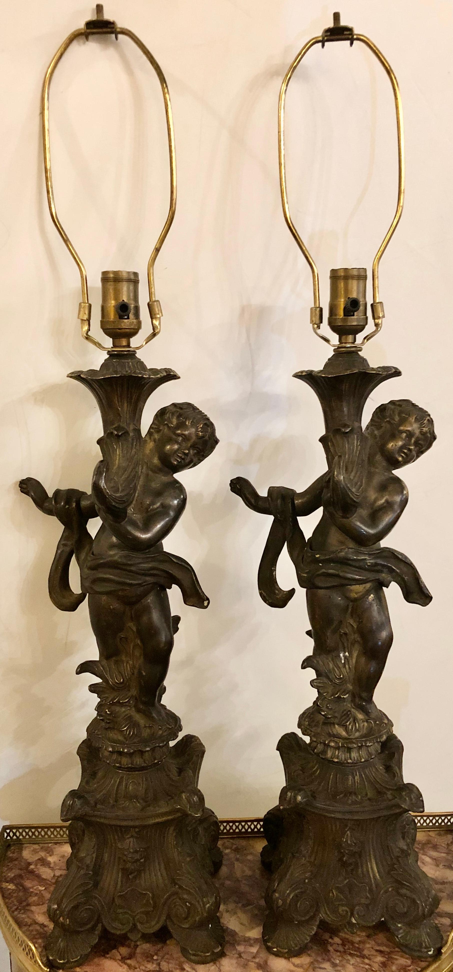 Louis XVI Pair of Bronze Patinated Putti Table Lamps