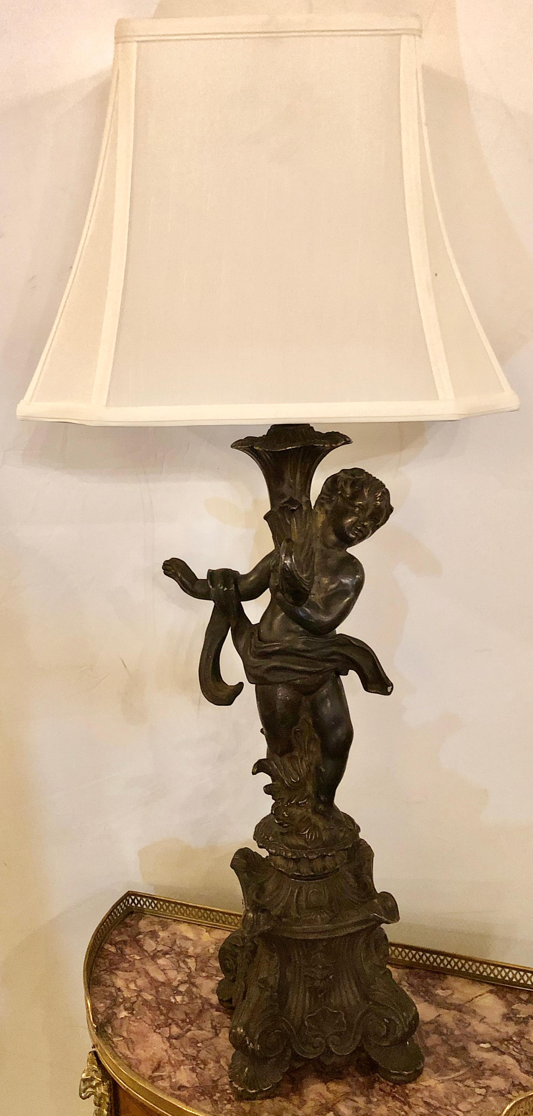 Pair of Bronze Patinated Putti Table Lamps In Good Condition In Stamford, CT