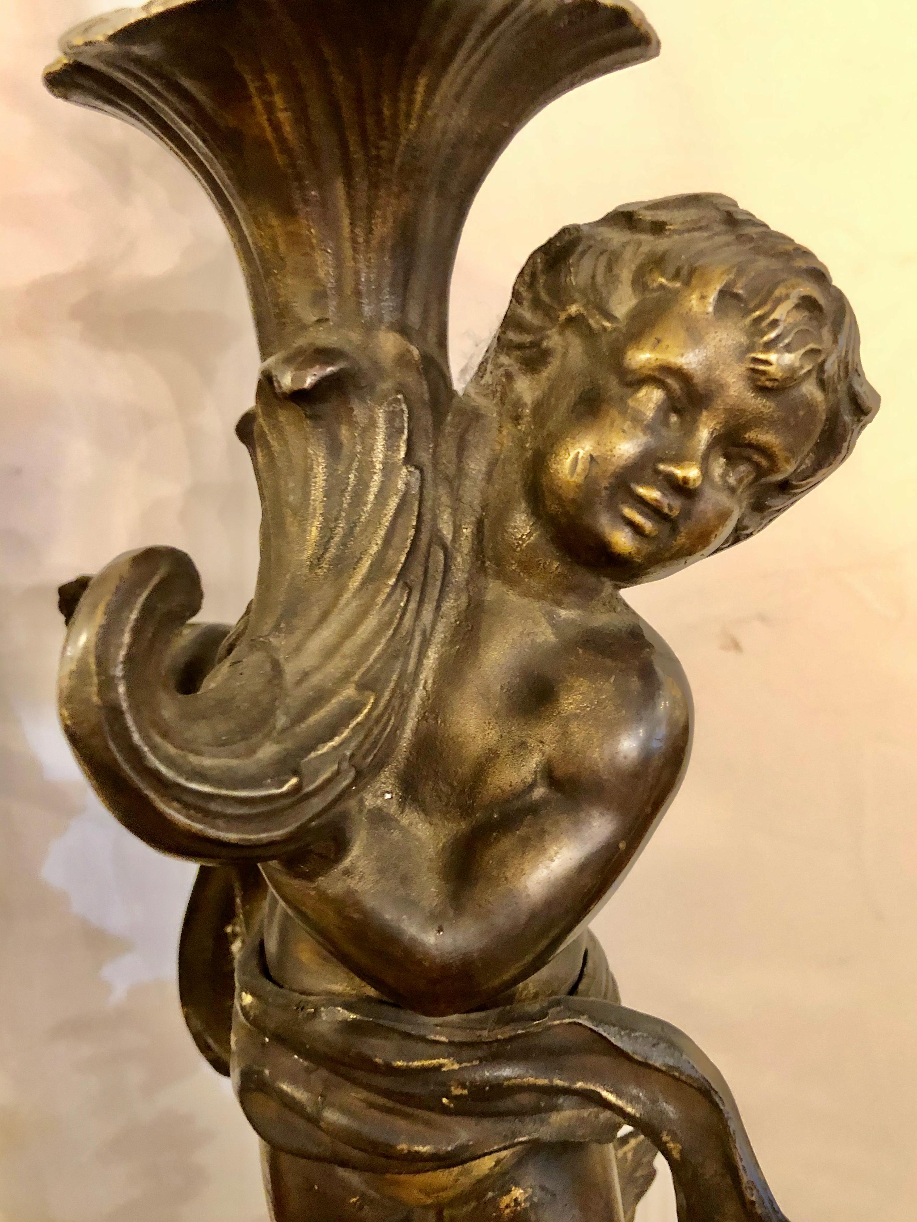 Metal Pair of Bronze Patinated Putti Table Lamps