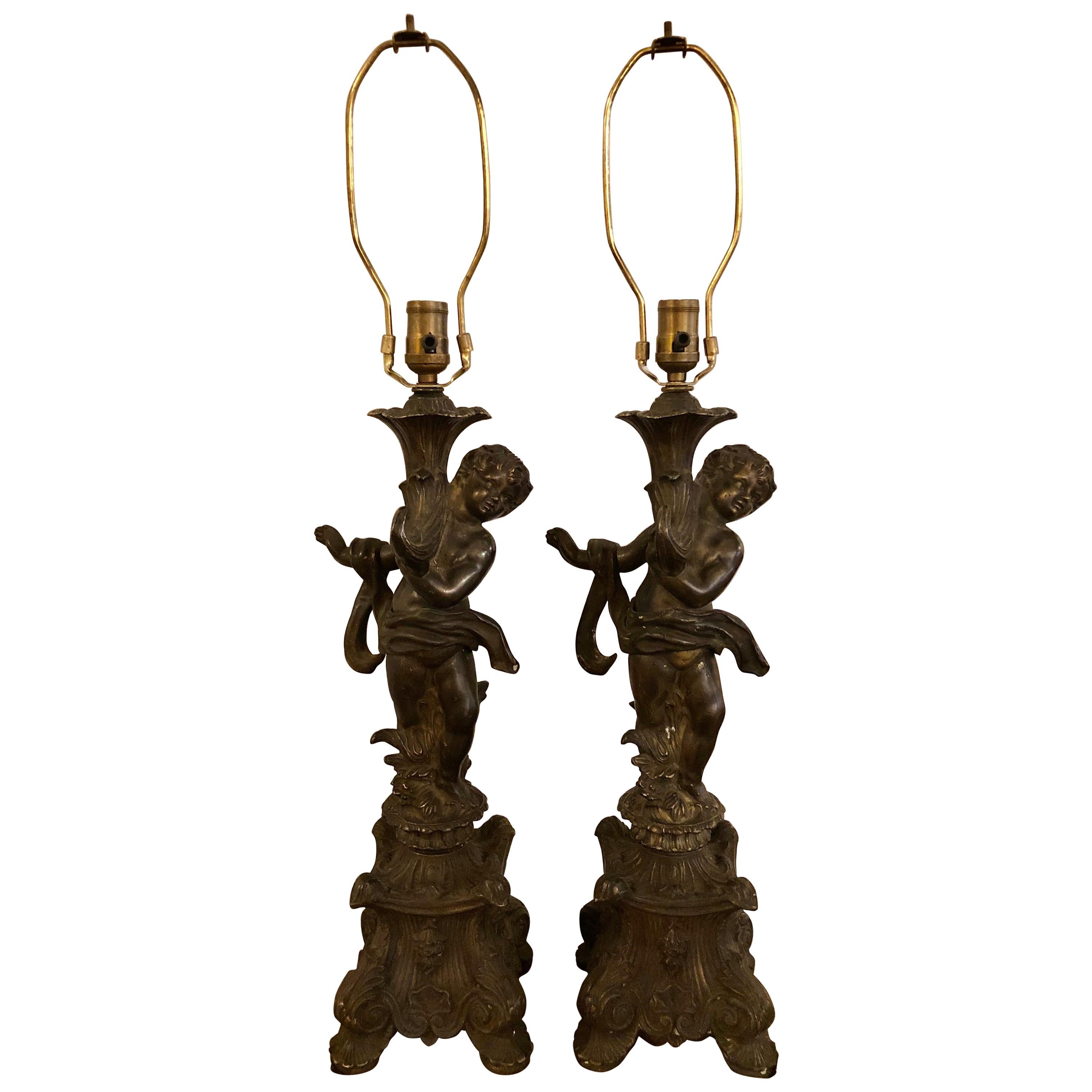 Pair of Bronze Patinated Putti Table Lamps
