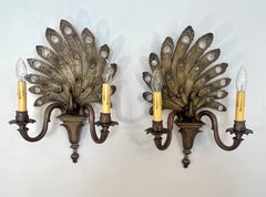 Pair of Bronze Peacock Sconces with Crystal in Plumes and Two Lights each