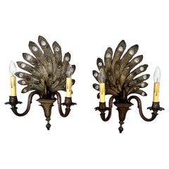 Pair of Bronze Peacock Sconces with Crystal in Plumes and Two Lights each