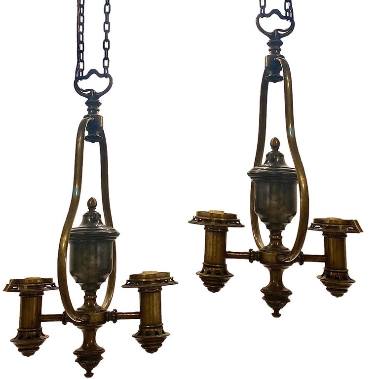 Pair of Bronze and Pewter Chandeliers, Sold Individually For Sale at