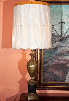 Pair of Bronze Pineapple Urn Form Table Lamps on Black Fluted Pedestal Base