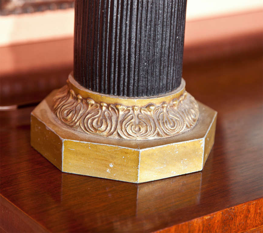 French Pair of Bronze Pineapple Urn Form Table Lamps on Black Fluted Pedestal Base