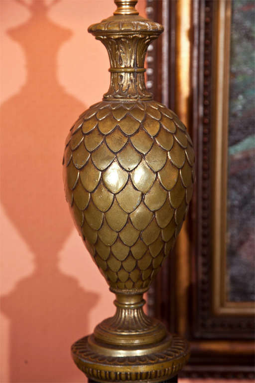 Pair of Bronze Pineapple Urn Form Table Lamps on Black Fluted Pedestal Base In Good Condition In Manhasset, NY