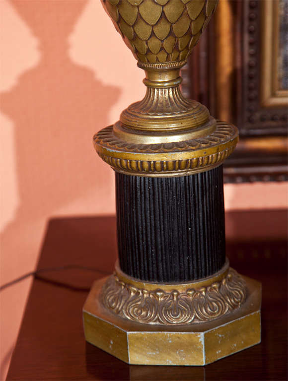 Mid-20th Century Pair of Bronze Pineapple Urn Form Table Lamps on Black Fluted Pedestal Base
