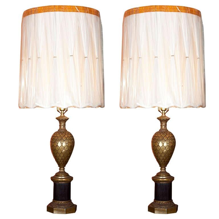 Pair of Bronze Pineapple Urn Form Table Lamps on Black Fluted Pedestal Base
