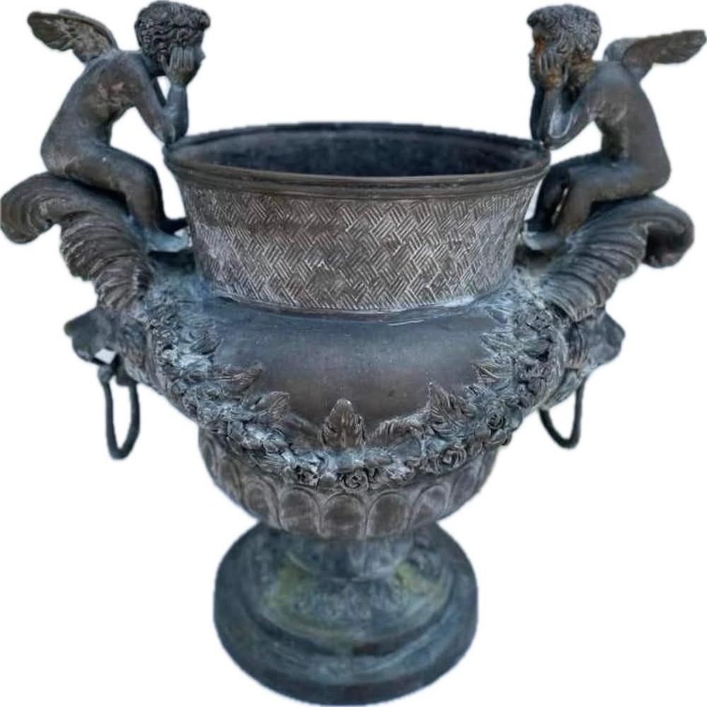 Patinated Pair of Bronze Planters with Cherubs and Lion Faces with Rings