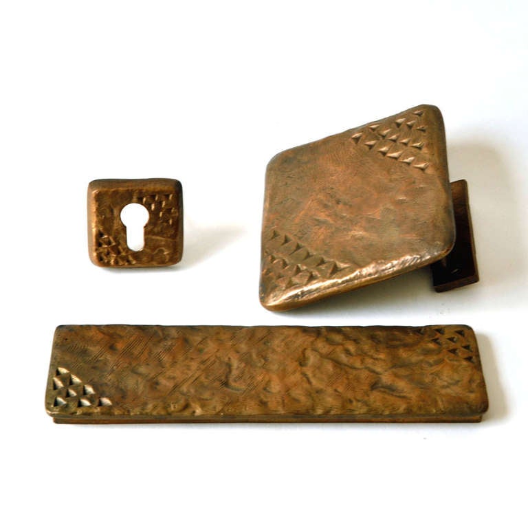 Late 20th Century Architectural Pair of Bronze Push Pull Door Handle, Letterbox and Key Fixtures