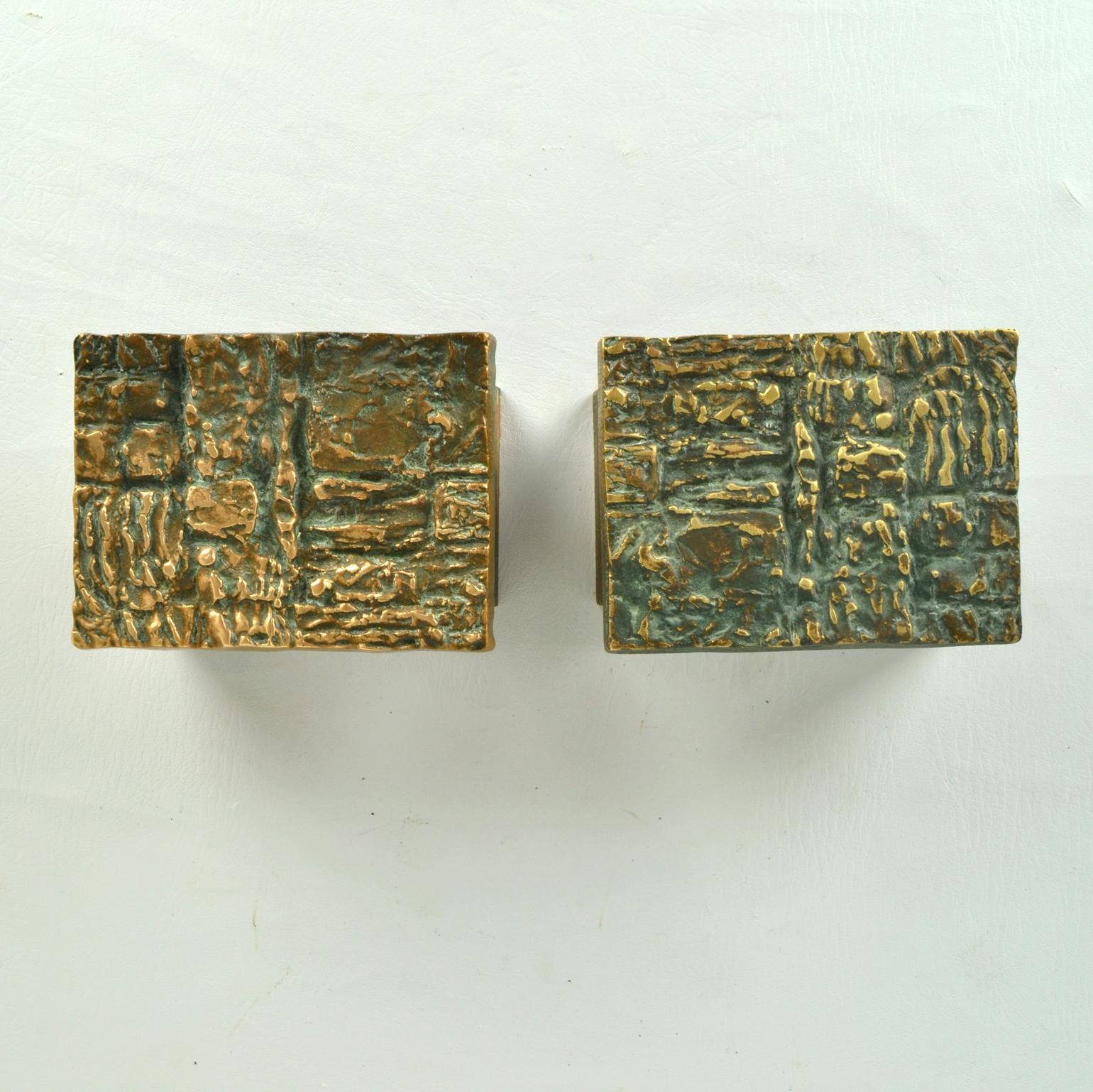 Pair of Bronze Push Pull Door Handles Rectangular with Brutalist Relief For Sale 4