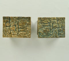 Pair of Bronze Push Pull Door Handles Rectangular with Brutalist Relief