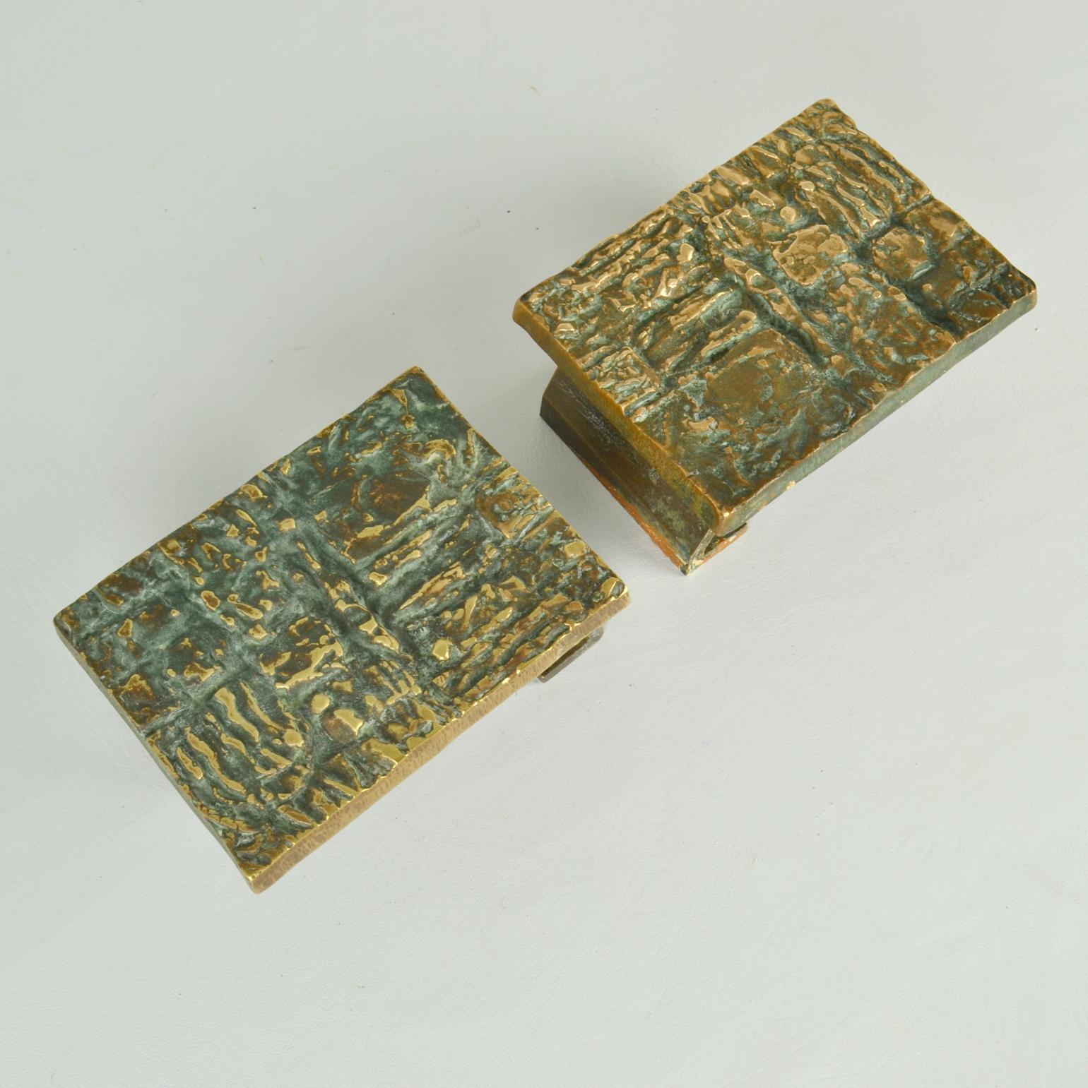 Cast Pair of Bronze Push Pull Door Handles Rectangular with Brutalist Relief For Sale