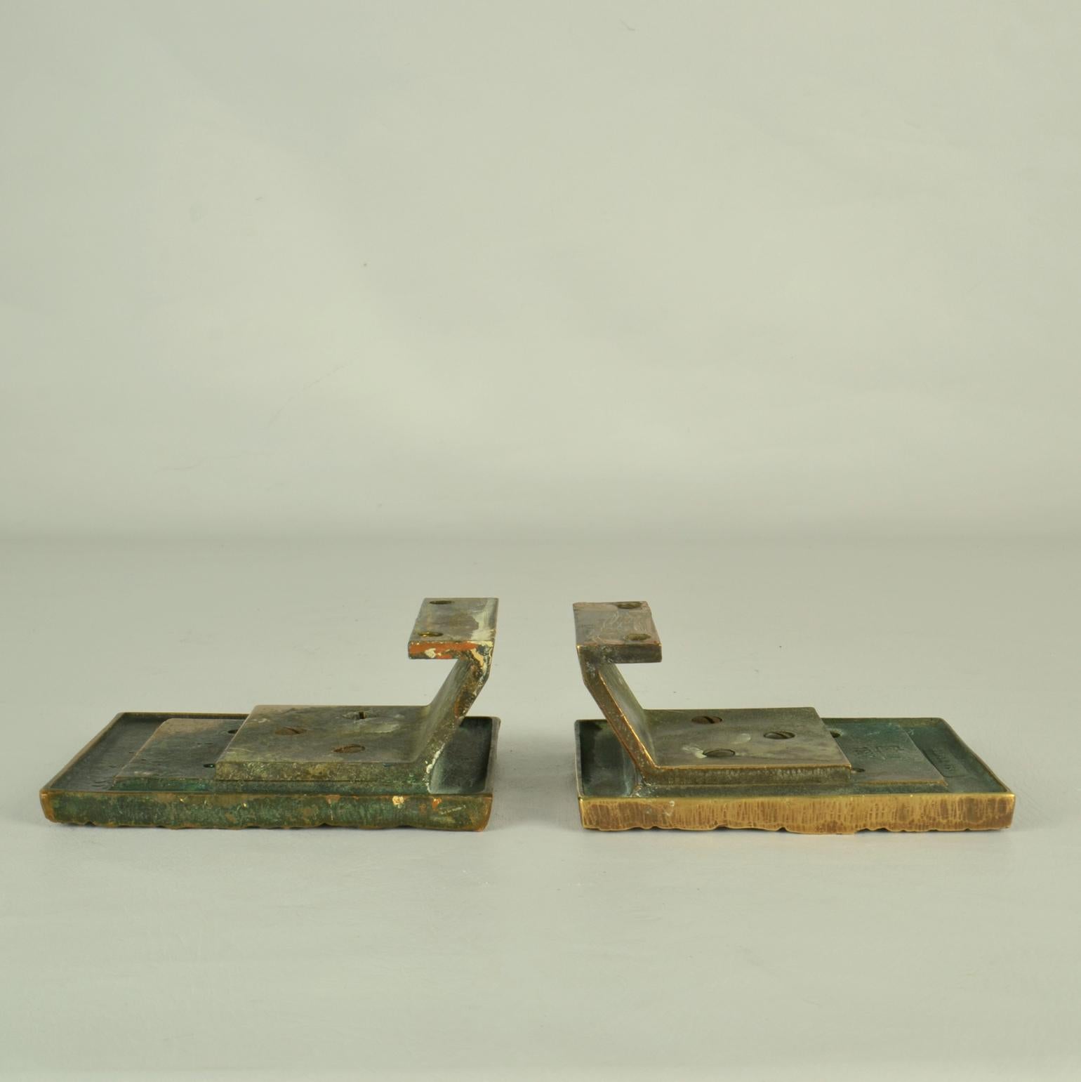 Pair of Bronze Push Pull Door Handles Rectangular with Brutalist Relief For Sale 1