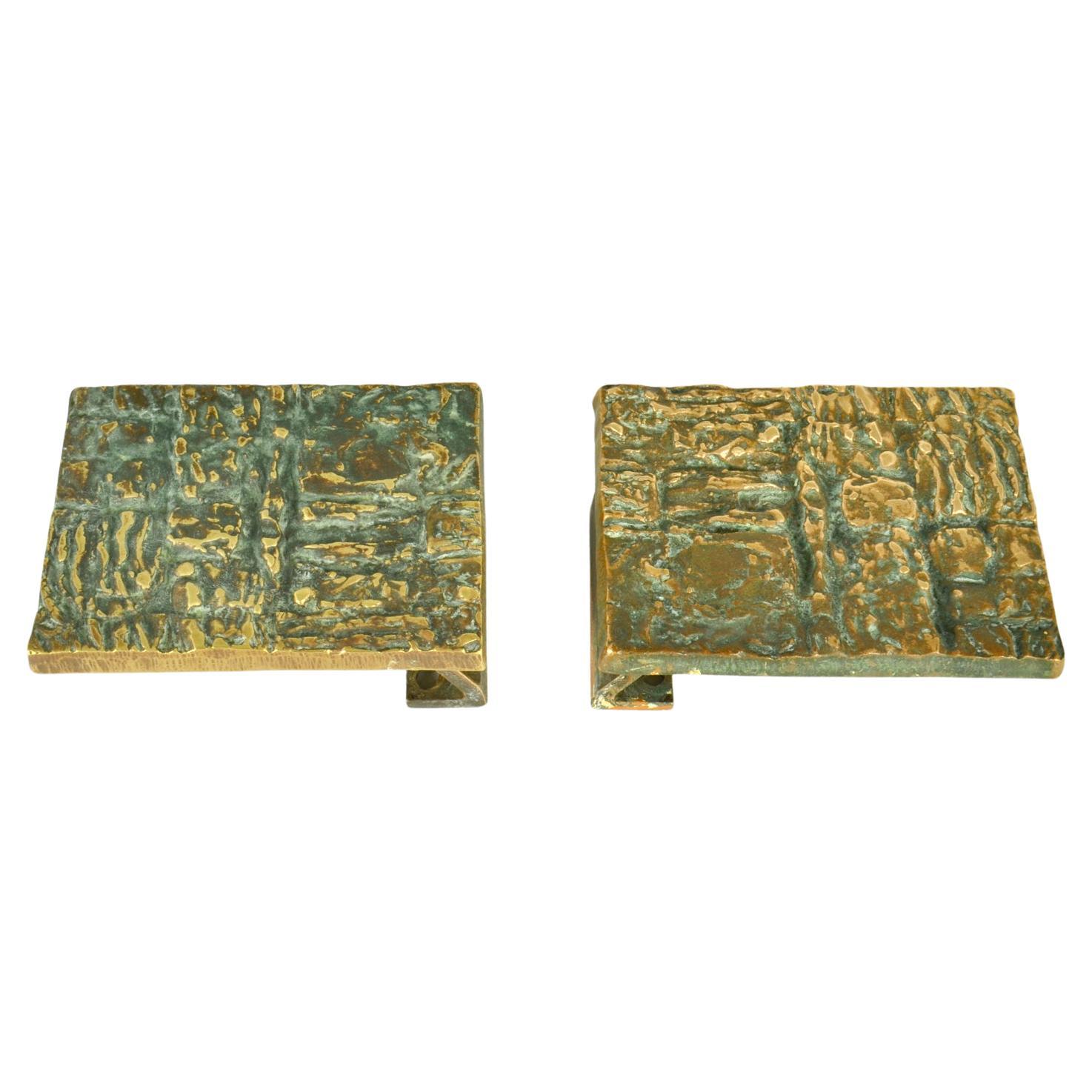 Pair of Bronze Push Pull Door Handles Rectangular with Brutalist Relief For Sale