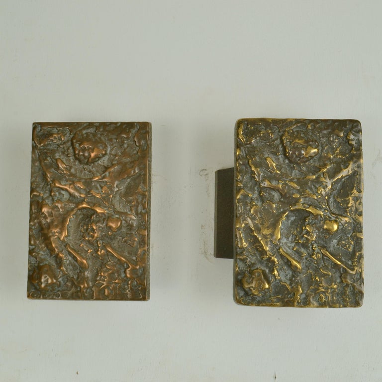 Pair of Bronze Push Pull Door Handles with Abstract Brutalist Relief ...