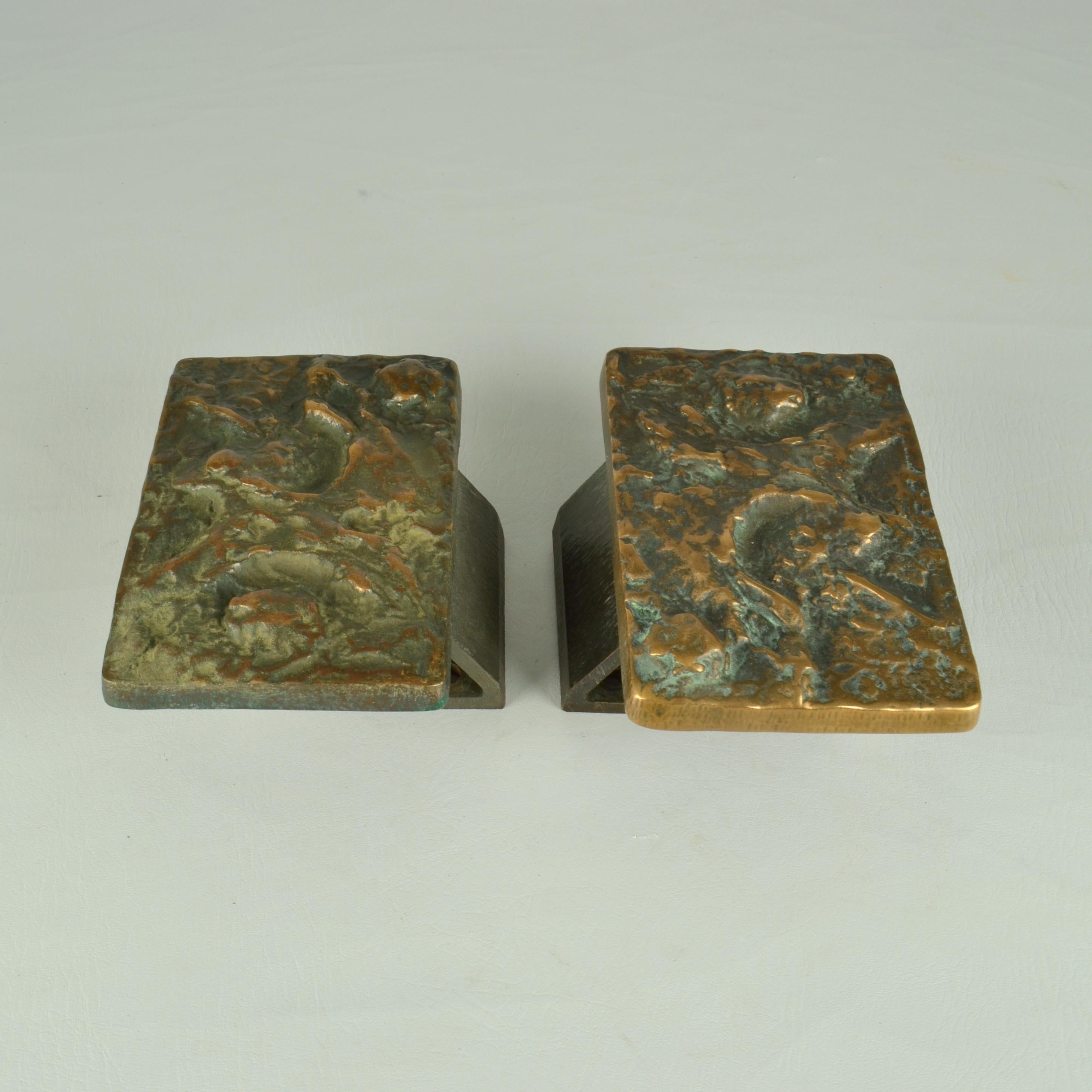 European Brutalist Pair of Bronze Push Pull Door Handles with Relief For Sale