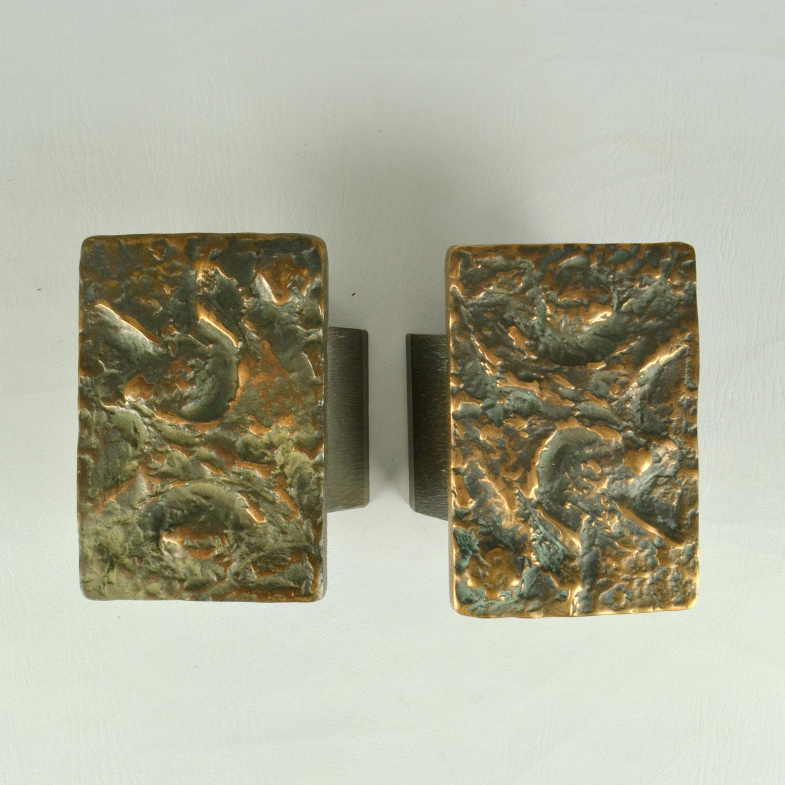 Cast Brutalist Pair of Bronze Push Pull Door Handles with Relief For Sale