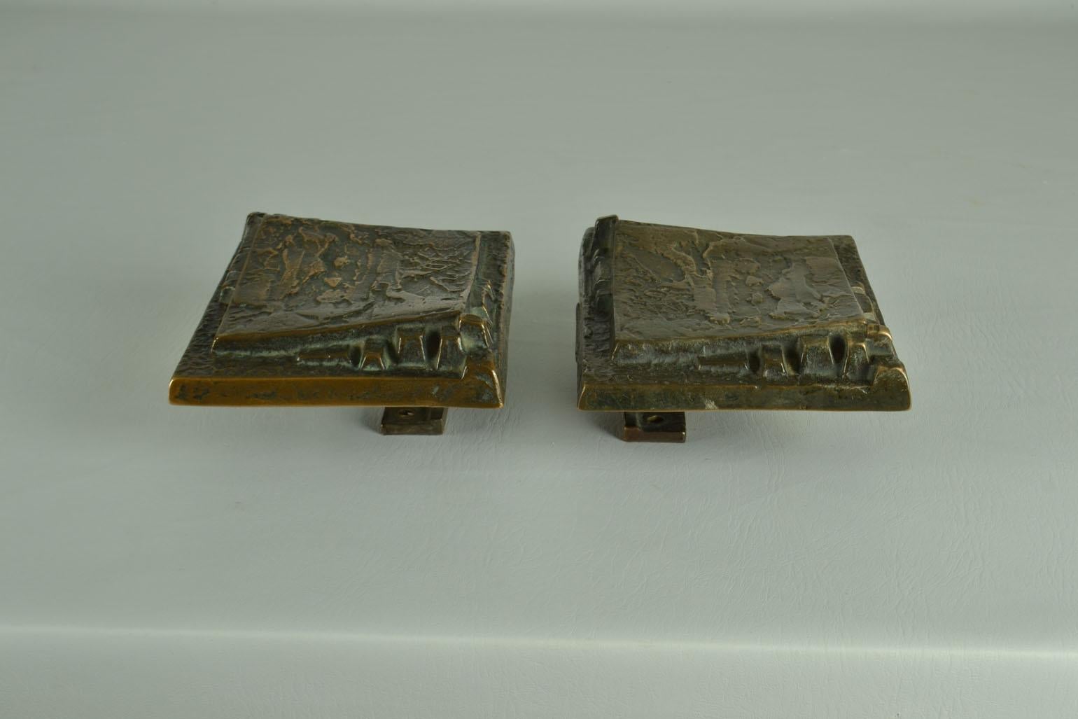 Late 20th Century Pair of Bronze Push Pull Door Handles with Relief
