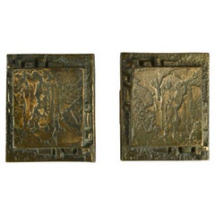 Vintage Pair of Bronze Push Pull Door Handles with Relief